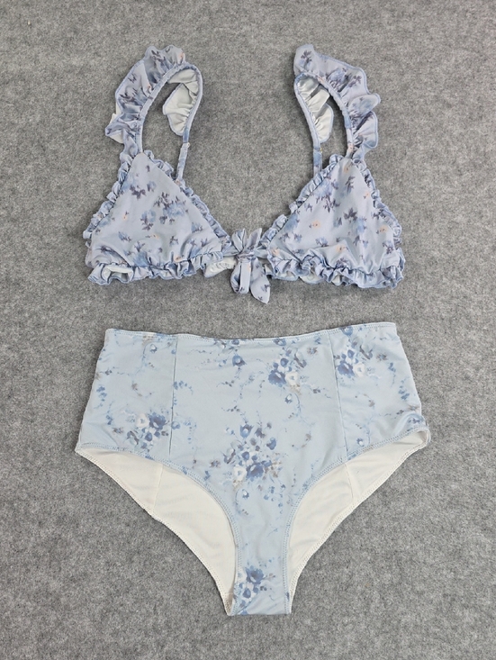 LoveShackFancy Other - LoveShackFancy Light Blue Floral Ruffle High-Waist Bikini Set M Bottom/ L Top